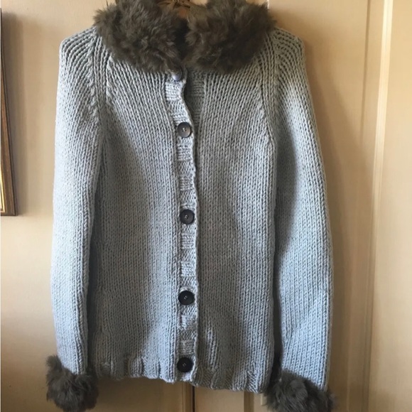 Aeffe spa Blue Knit 100% wool Sweater with Fur - Picture 7 of 7